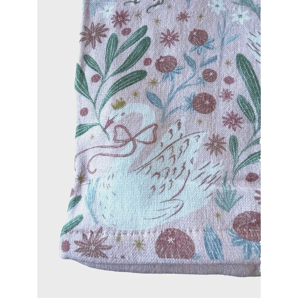 Shabby Chic Kitchen Towels Set of 3 Swans Pink Green White 100% Cotton 16X24